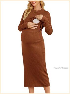 Women's Maternity Nursing Ribbed Midi Sweater Dress Long Sleeve